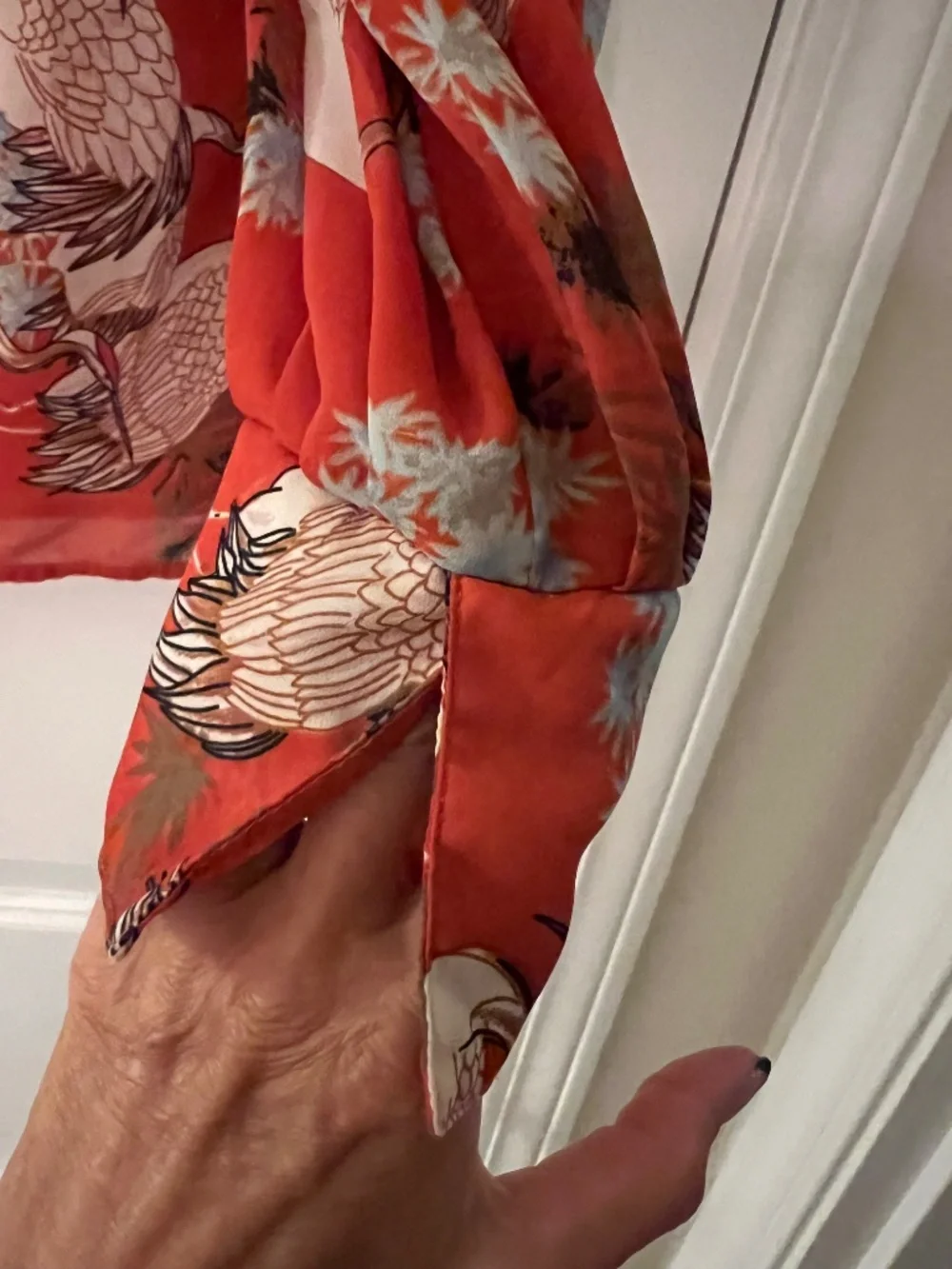 AUMBE Crane Print Tie Sleeve Blouse Orange Rust Size M